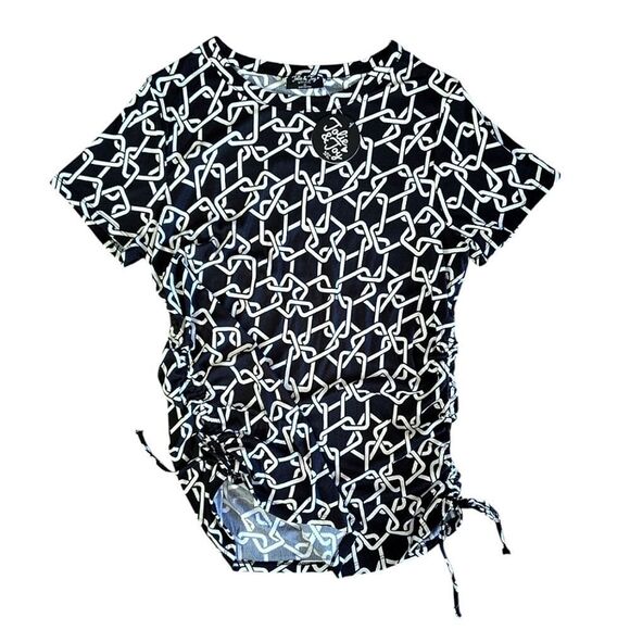 Jolie & Jolie Black White Chain Printed Side Tie Ruching Blouse 2X NWT - Picture 7 of 12